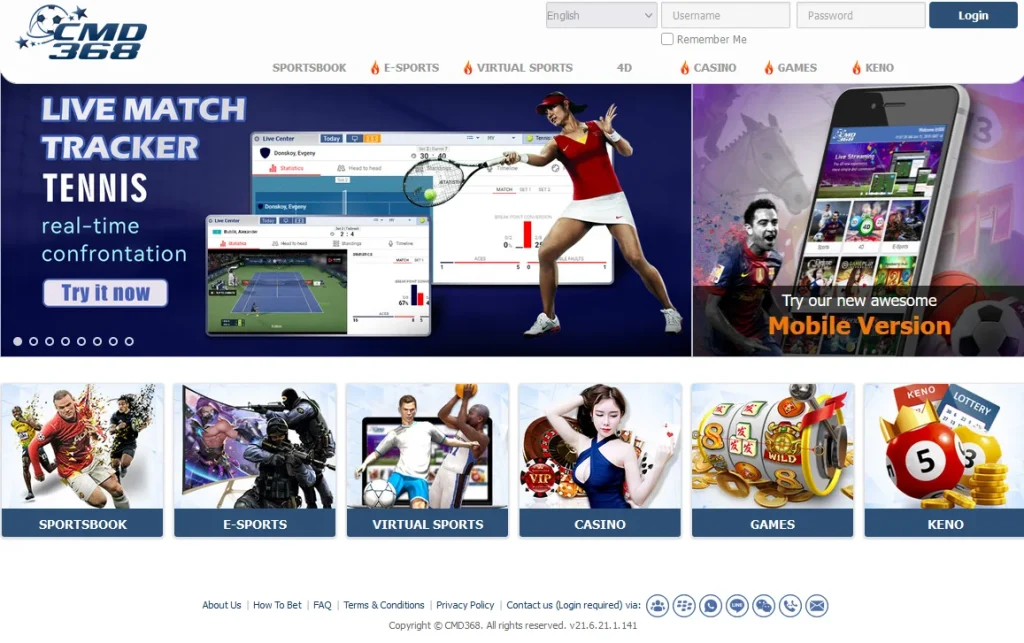 สกรีนช็อตหน้าโฮมเพจ CMD368 แบนเนอร์หลักโปรโมต Live Match Tracker เทนนิส มีตัวอย่างหน้าต่างสถิติการแข่งและปุ่มเชิญทดลองใช้งาน ทางขวาแสดงโปรโมชันแอปเวอร์ชันมือถือ ด้านล่างเรียงไอคอนหมวดการเดิมพันหลัก เช่น Sportsbook, E‑Sports, Virtual Sports, Casino, Games และ Keno พร้อมเมนูนำทางและช่องเข้าสู่ระบบด้านบน